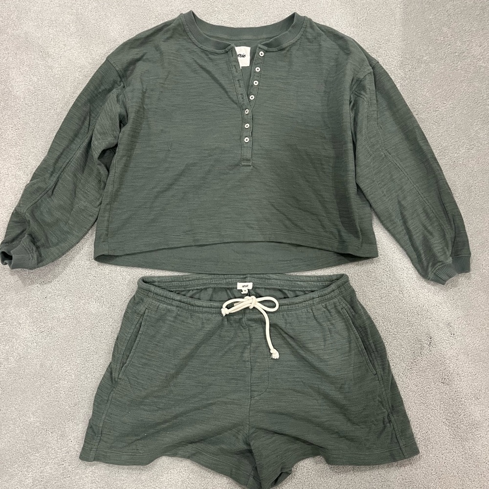 aerie Olive Green Ribbed Henley Top & Drawstring Shorts Set